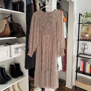 Smocked Long Sleeve Polka Dot Midi Dress - Beige/Black